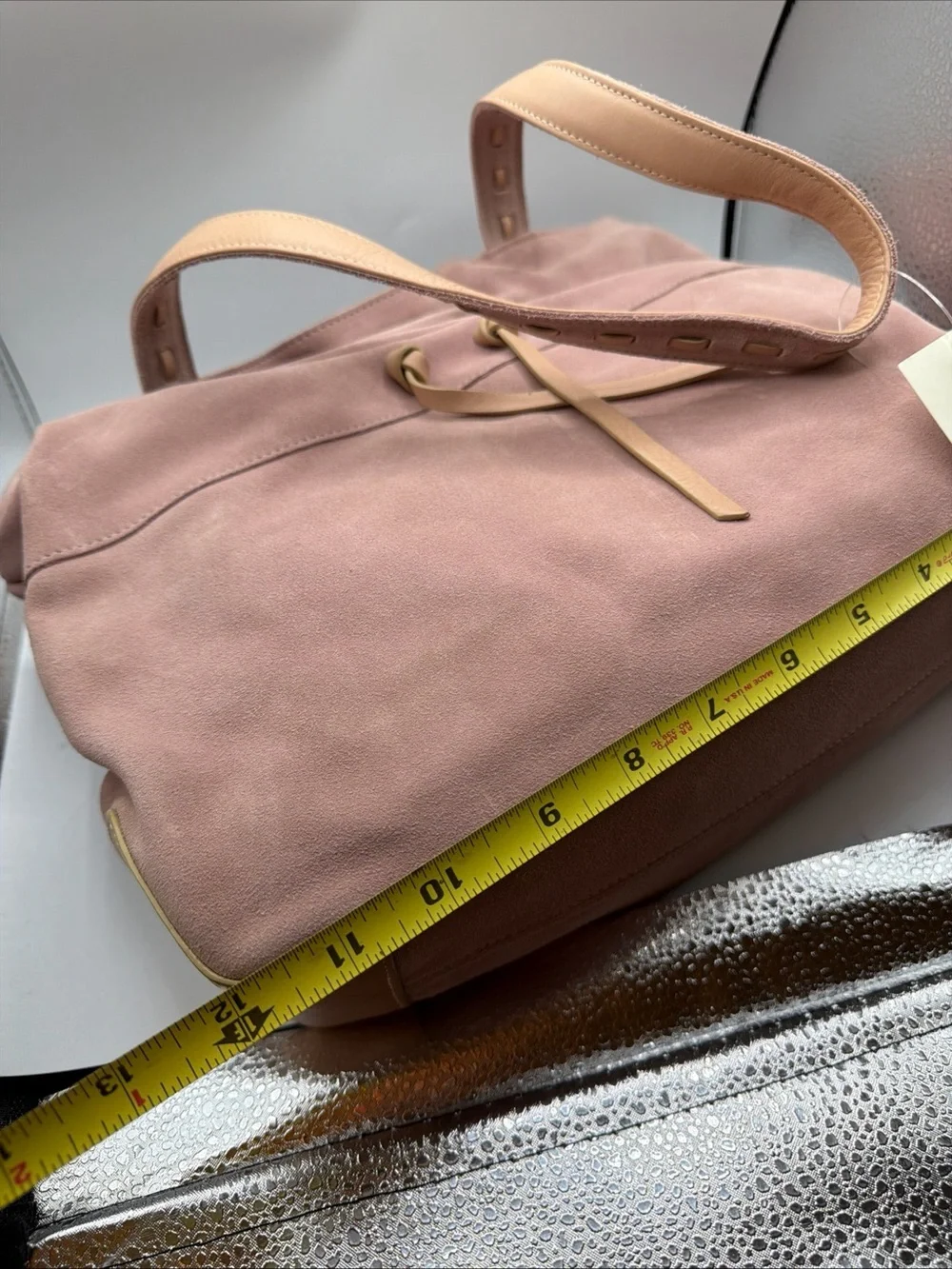 J Jill Suede Drawstring Shoulder Bag Taupe Pink Leather Trim Hobo Tote NWT